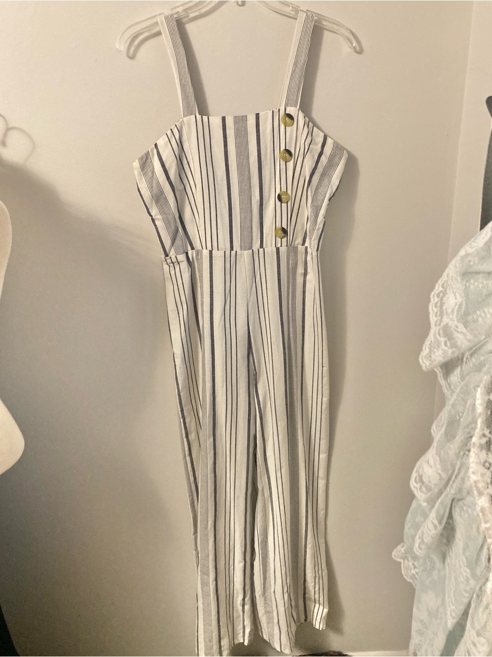 Angie Stripe Wide Leg Jumpsuit White Ivory Navy Blue Button Sleeveless Medium M
